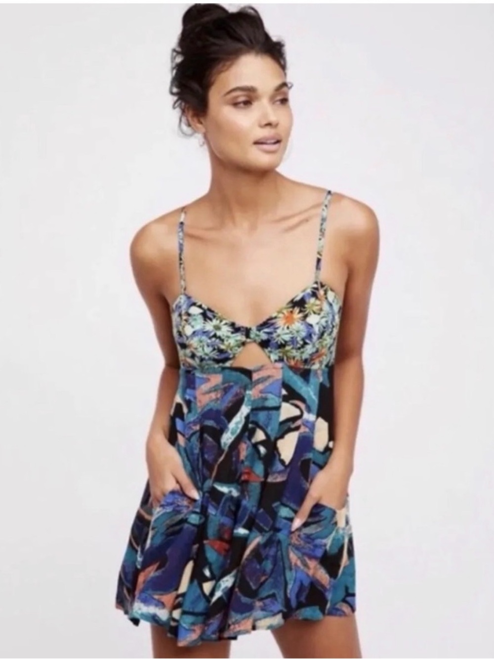 Free People Blue Multi Print Cutout Mini Dress